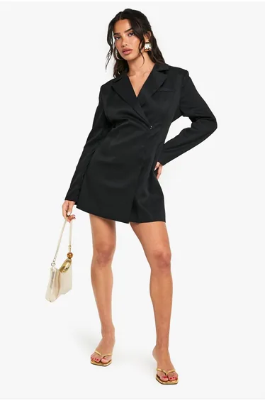 Petite Structured Oversized Wrap Over Blazer Dress - black
