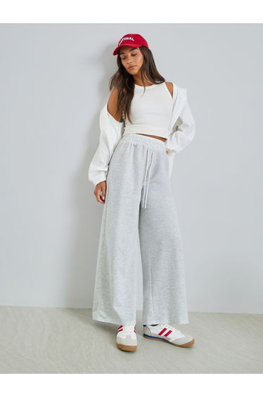 Grey Wide Leg Knit Joggers with Drawcord