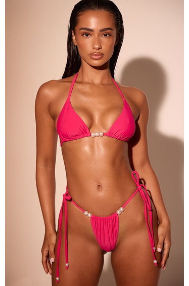 Fuschia Contrast Bead Trim Triangle Bikini Top