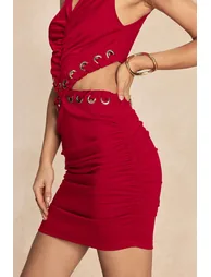 V-Neck Eyelet Cut Out Ruched Sleeveless Mini Dress - 2