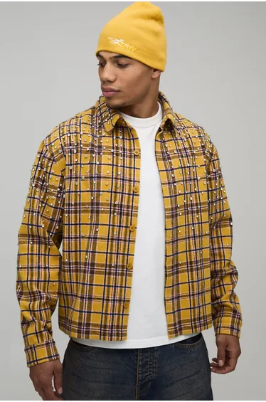 Oversized Boxy Jewel Rhinestone Check Shirt - yellow