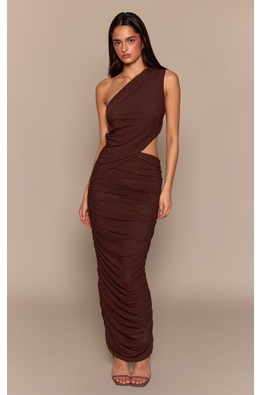 Chocolate One Shoulder Ruched Maxi Dress