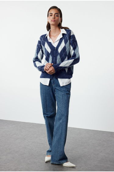 Dark Blue Soft Texture Plaid Patterned Knitwear Cardigan