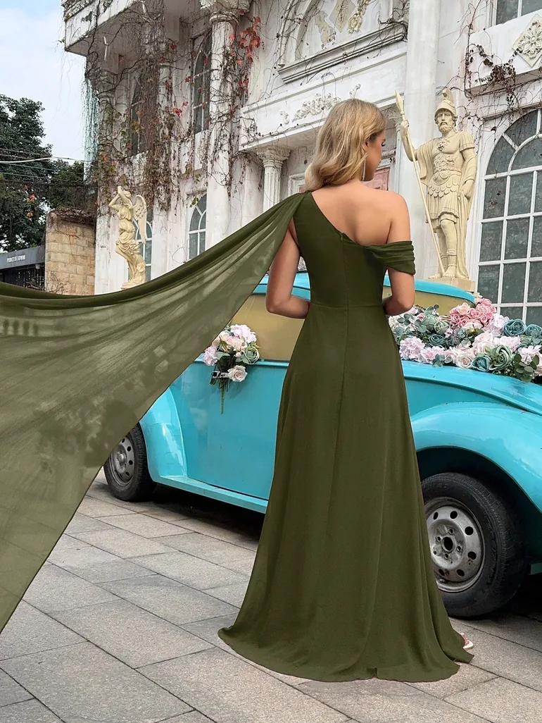 solid color formal dress Cape High-Low Pleated Solid Color Split-Joint Round-Neck Evening Dress –  Uoozee official main image 1