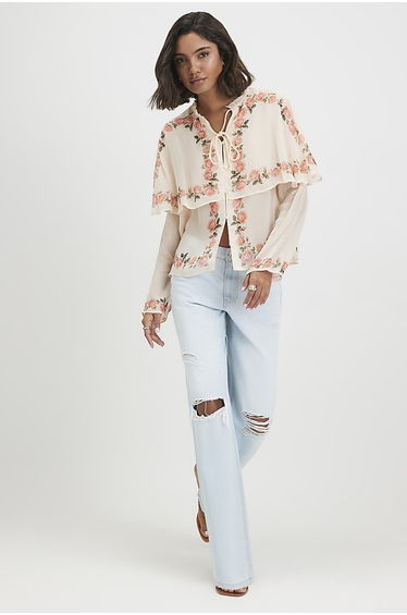 Cream Floral Print Cape Detail Top