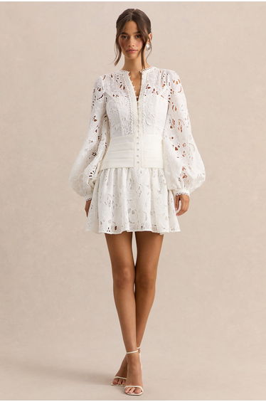 Helena | White Crew-Neck Mini Dress With Puff-Sleeves and Pleated Skirt