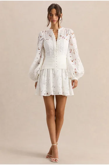 Helena | White Crew-Neck Mini Dress With Puff-Sleeves and Pleated Skirt