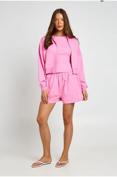 Boxy Crop Zip Through Hoodie - pink