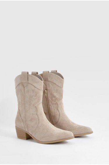 Embroidered Western Ankle Cowboy Boots - stone