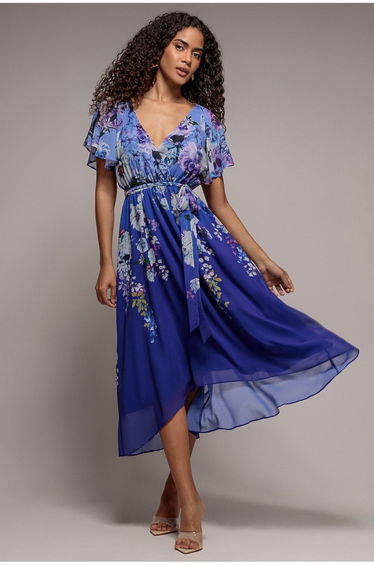 Goddiva Flutter Sleeve A-Line Chiffon Floral Printed Midaxi Dress