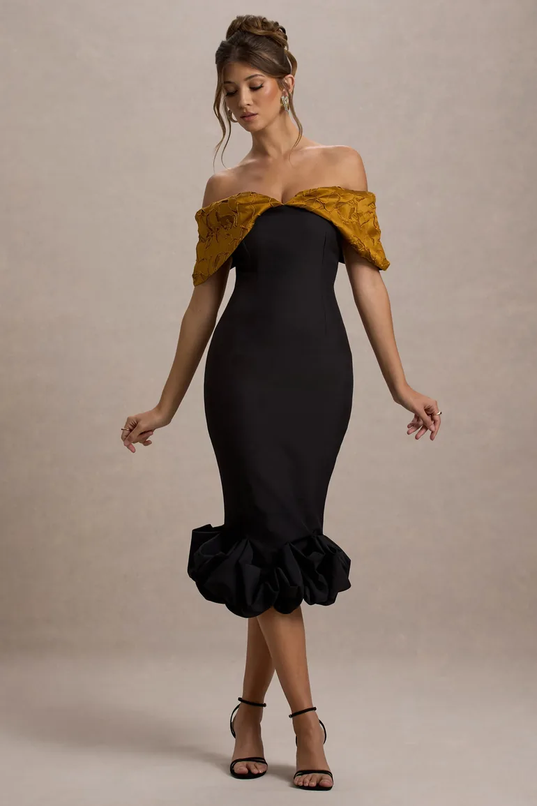 black bardot frill hem midi dress Frill Hem Midi Dress Black Bardot Ruffle Dress Bodycon Dress Black Bardot  Frill Hem Midi Dress