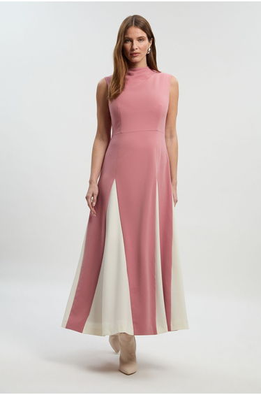 Compact Stretch Tailored Colour Block Full Skirted Midi Dress