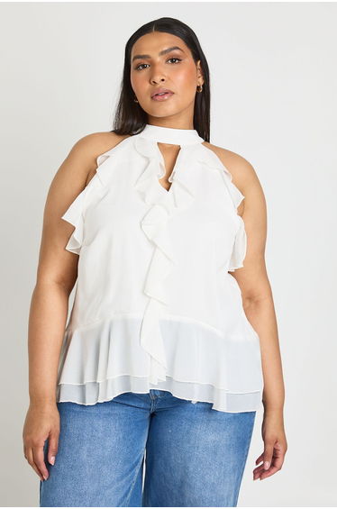 Plus Chiffon Halterneck Ruffle Top - ivory
