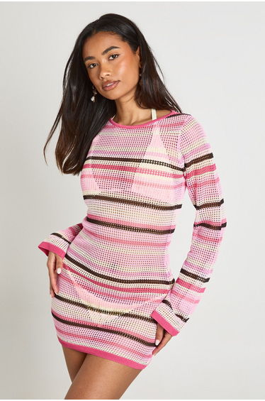 Beach Crochet Stripe Knit Mini Dress - pink