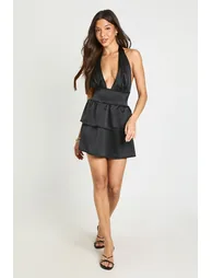 Satin Plunge Detail Ruffle Hem Mini Dress - black