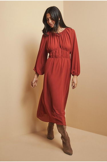 Woven Tie Front Waist Detail Midi Dress