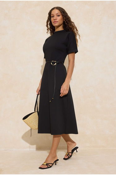Black A-Line/Bell Form Mock Neck Short Sleeve Belted Midi Interlock Knitted Dress