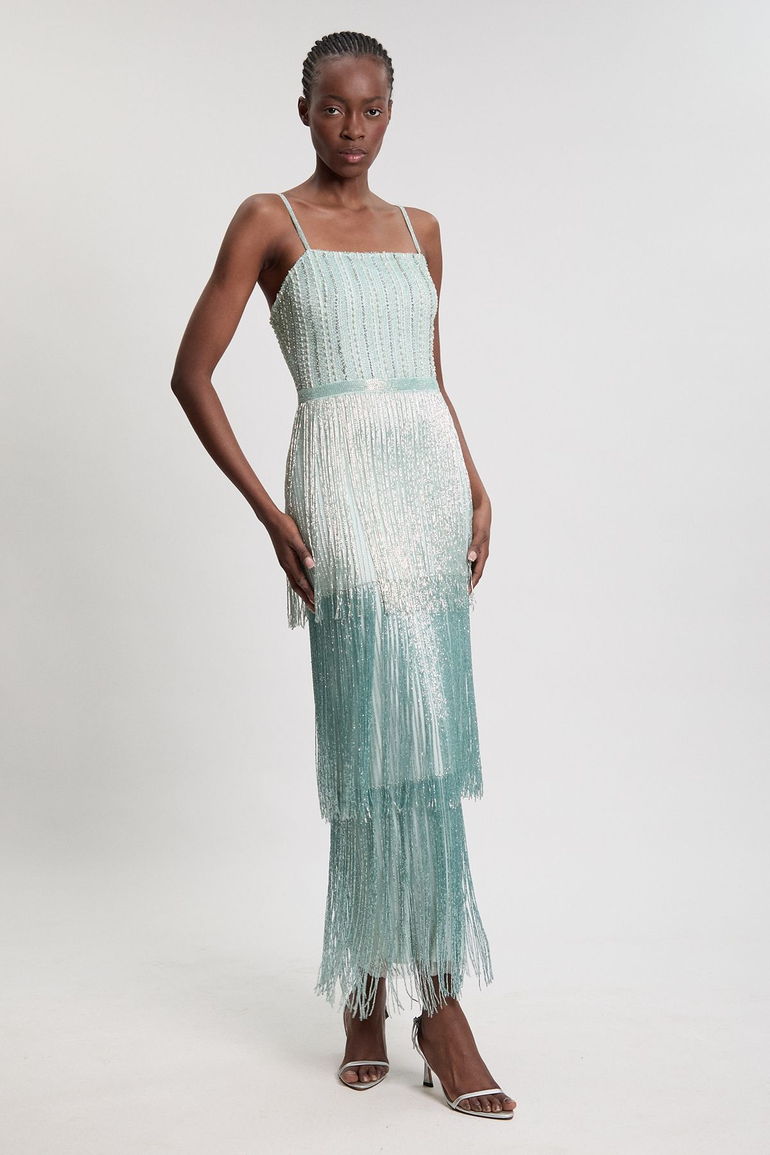 Tassel Embellished Fringe Detail Woven Maxi Dress Karen Millen