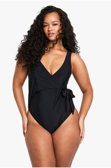 Plus Swimwear Essentials Tummy Control Wrap Swimsuit - black