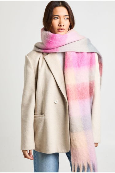 Oversized Striped Tassel Fluffy Scarf - pink