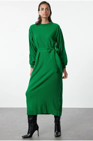 Green Belted Knitwear Dress