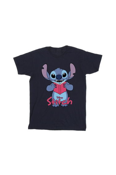 Lilo & Stitch Boys Reading Standing Cotton T-Shirt - Navy Blue