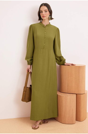 Oil Green Unlined Plain Woven Crinkle Hijab Dress