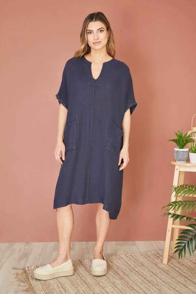 Shop Yumi Navy Italian Linen Tunic With Front Pockets Online in Oman