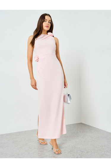 Pink Pleated Floral Detail Sleeveless Maxi Dress
