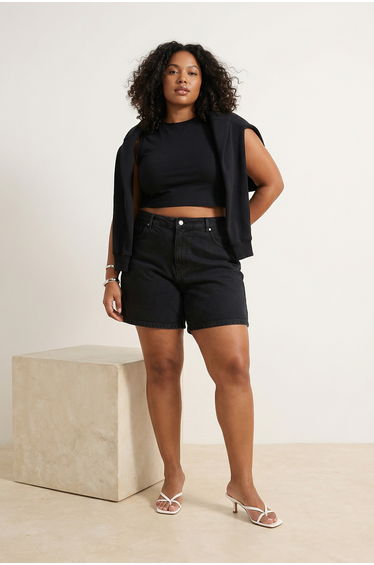 Black Elastic High Waist Mini 100% Cotton Plus Size Denim Shorts