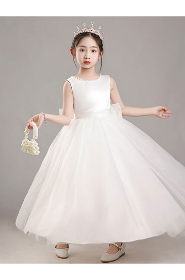 Girls White Pearl Decor Deep V-Back Party Dress