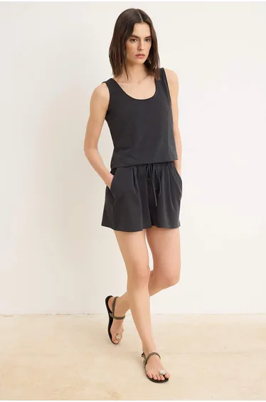 Anthracite Relaxed Pool Neck Wide Leg Short / Mini Modal Knitted Top and Bottom Set