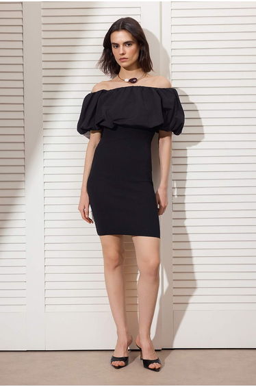 Black Short / Mini Knitwear Woven Peplum Detail Dress