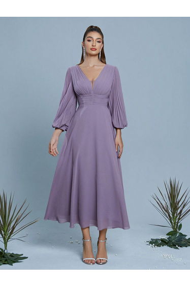 Leely Women's Elegant V Neck Bishop Sleeve Prom Dress