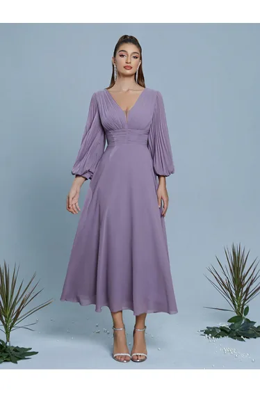 Leely Women's Elegant V Neck Bishop Sleeve Prom Dress