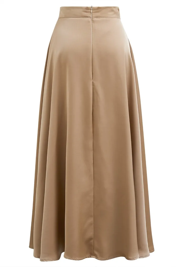Timeless Elegance Satin A-Line Maxi Skirt in Tan - 7