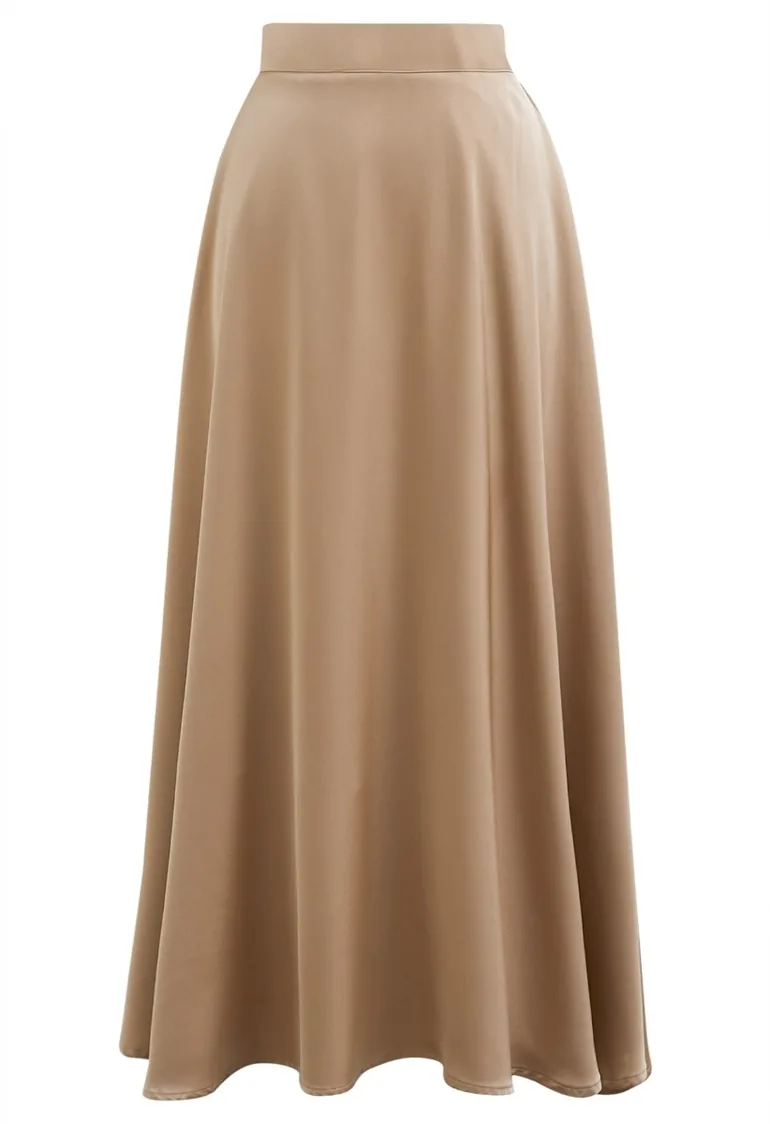 Timeless Elegance Satin A-Line Maxi Skirt in Tan - 1