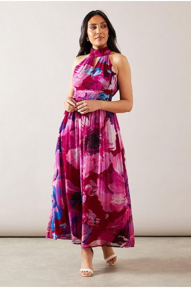 Petite Floral Print Viscose Tie Neck Midi Dress