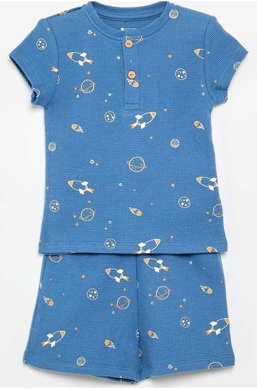 Ribbed knit 2-piece short pajamas BLUE