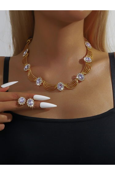 2-Piece Multi-chain Embellished Necklace and Earrings Jewelry Set