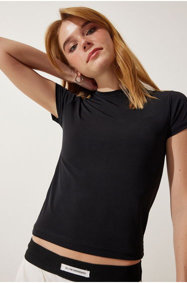 Women's Black Crew Neck Basic Sandy T-Shirt