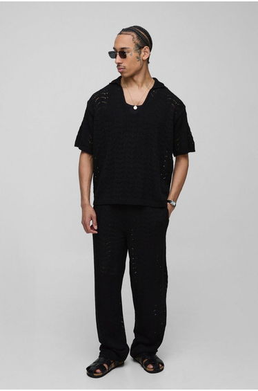 Boxy V Neck Relaxed Texture Knitted Trouser and Polo Set