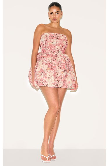 Plus Pink Floral Tapestry Bandeau Extreme Puffball Dress