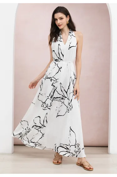 Sketch Floral Tie-Waist Halter Maxi Dress in White for Vacations & Beachside Dinners