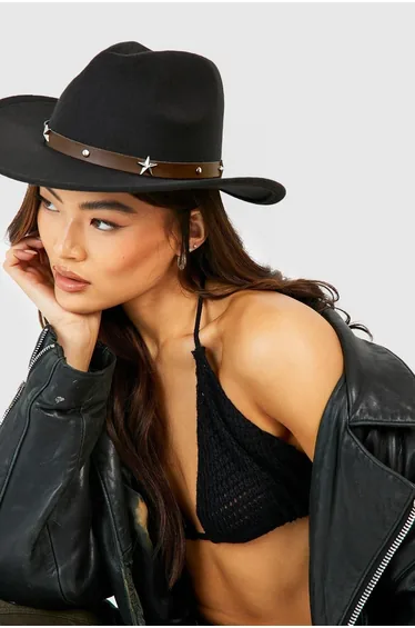 Black Star Studded Trim Western Cowboy Hat - black