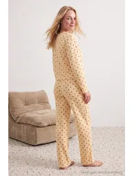 Yellow 100% Cotton Polka Dot and Heart Knitted Pajama Set - 1