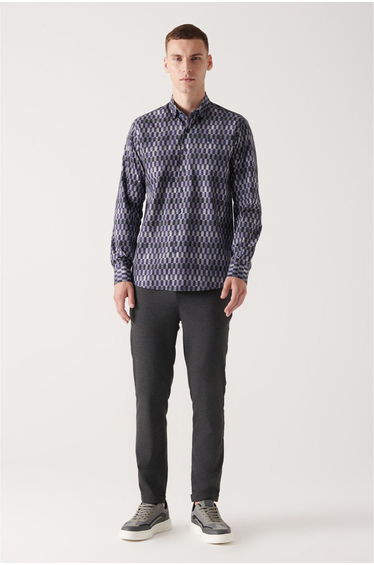 Men's Navy Blue Abstract Patterned 100% Cotton Slim Fit Slim Fit Shirt