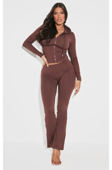 Shape Brown Stretch Sculpted Foldover Waist Flare Trousers