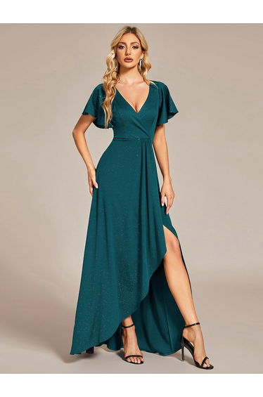 ever MELODÉ|Glitter High-Low Front Side Slit Ruffled V-Neck Evening Dress