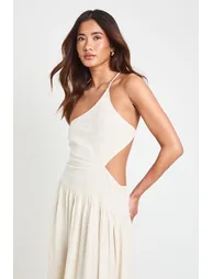 فستان ميداكسي كتان مزموم بفتحات لون بيج - 3